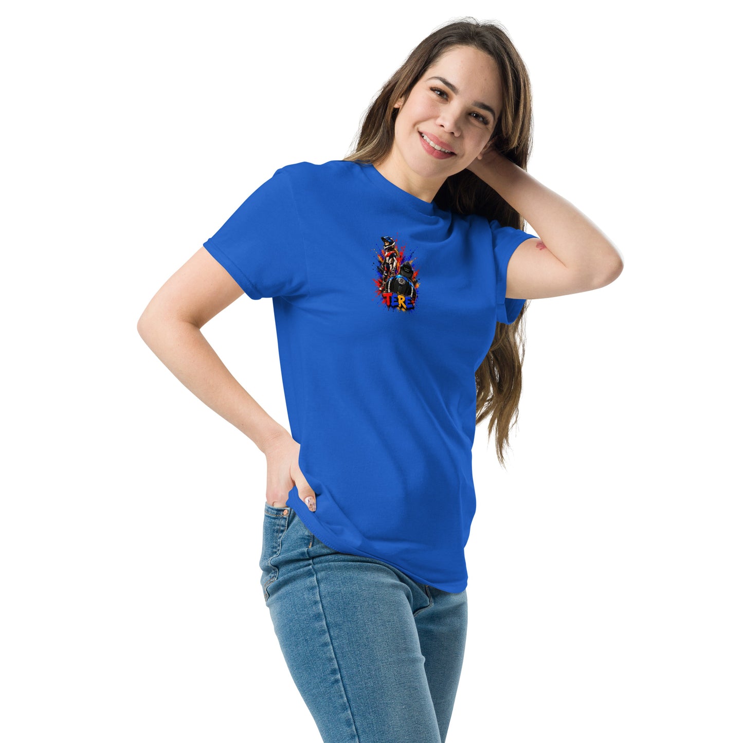 Camiseta azul royal mujer frontal izquierda con diseño cartoon motociclista personalizado - Moda Cartoon Lab