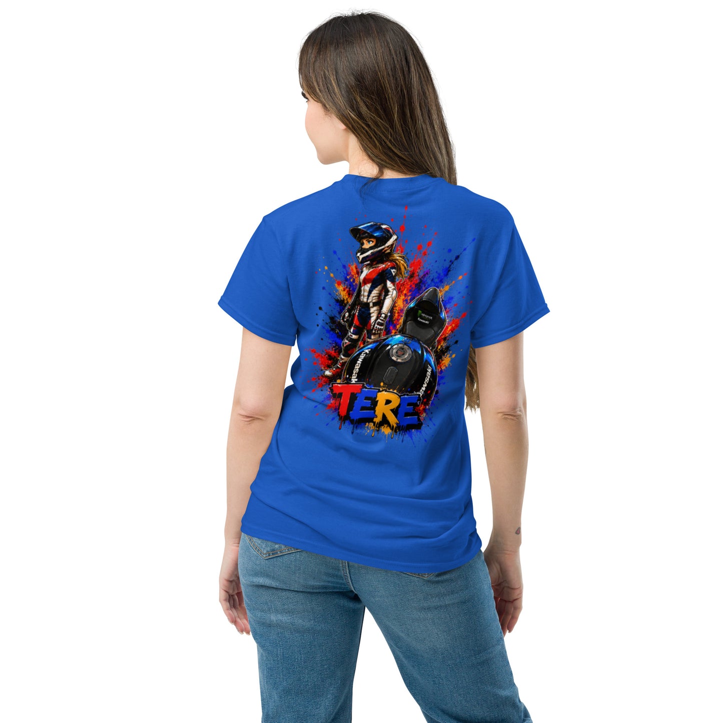 Camiseta azul royal mujer trasera con diseño cartoon motociclista personalizado - Moda Cartoon Lab