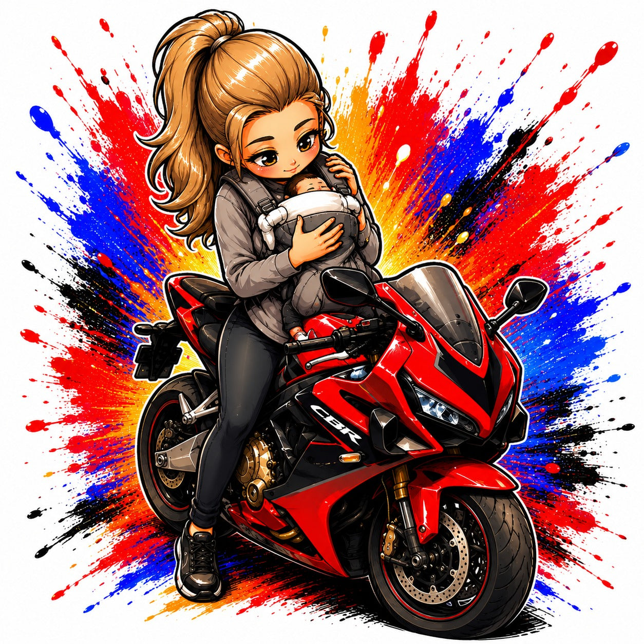 Camiseta blanca mujer trasera con diseño cartoon motociclista personalizado - Moda Cartoon Lab.