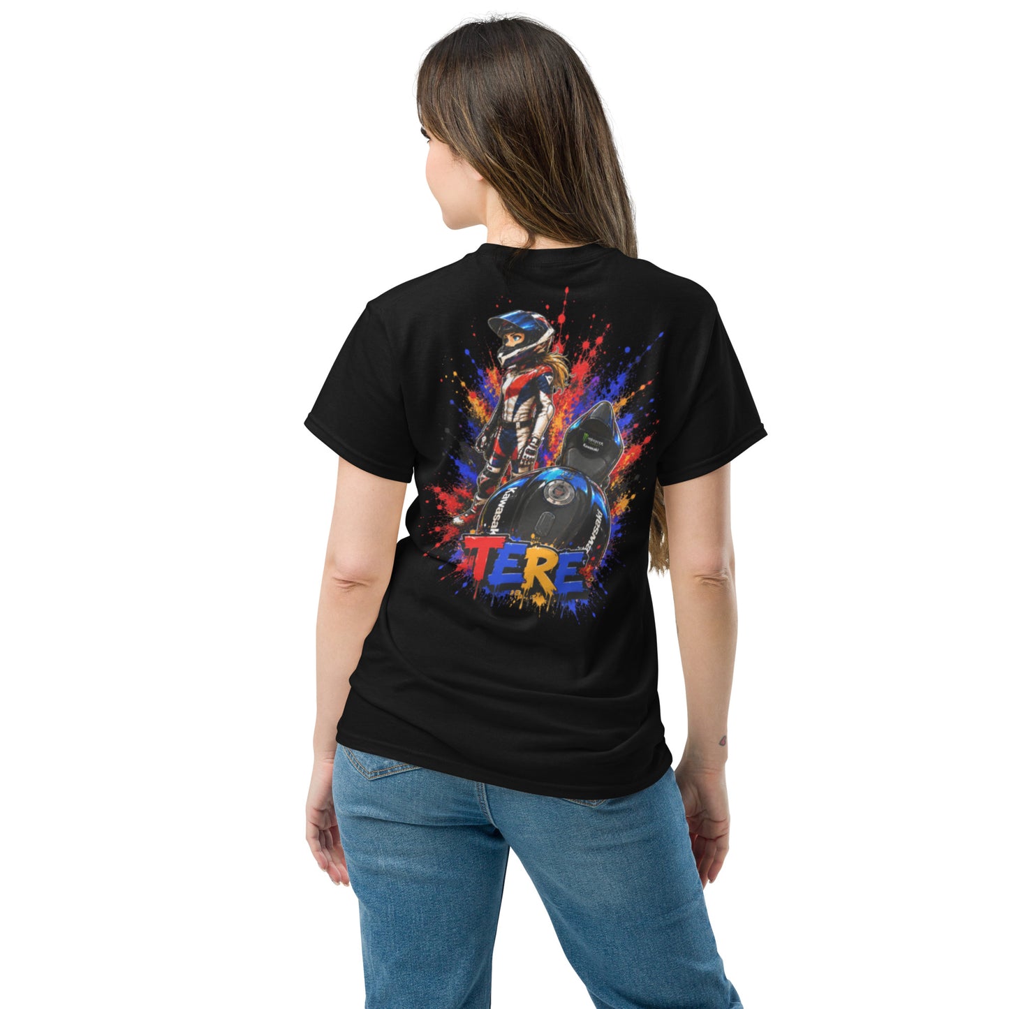 Camiseta negra mujer trasera con diseño cartoon motociclista personalizado - Moda Cartoon Lab