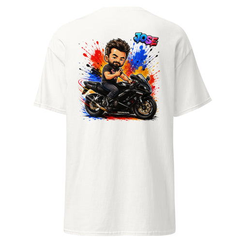 Camiseta personalizada blanca parte trasera diseño cartoon motociclista personalizado sobre Honda - Moda Cartoon Lab