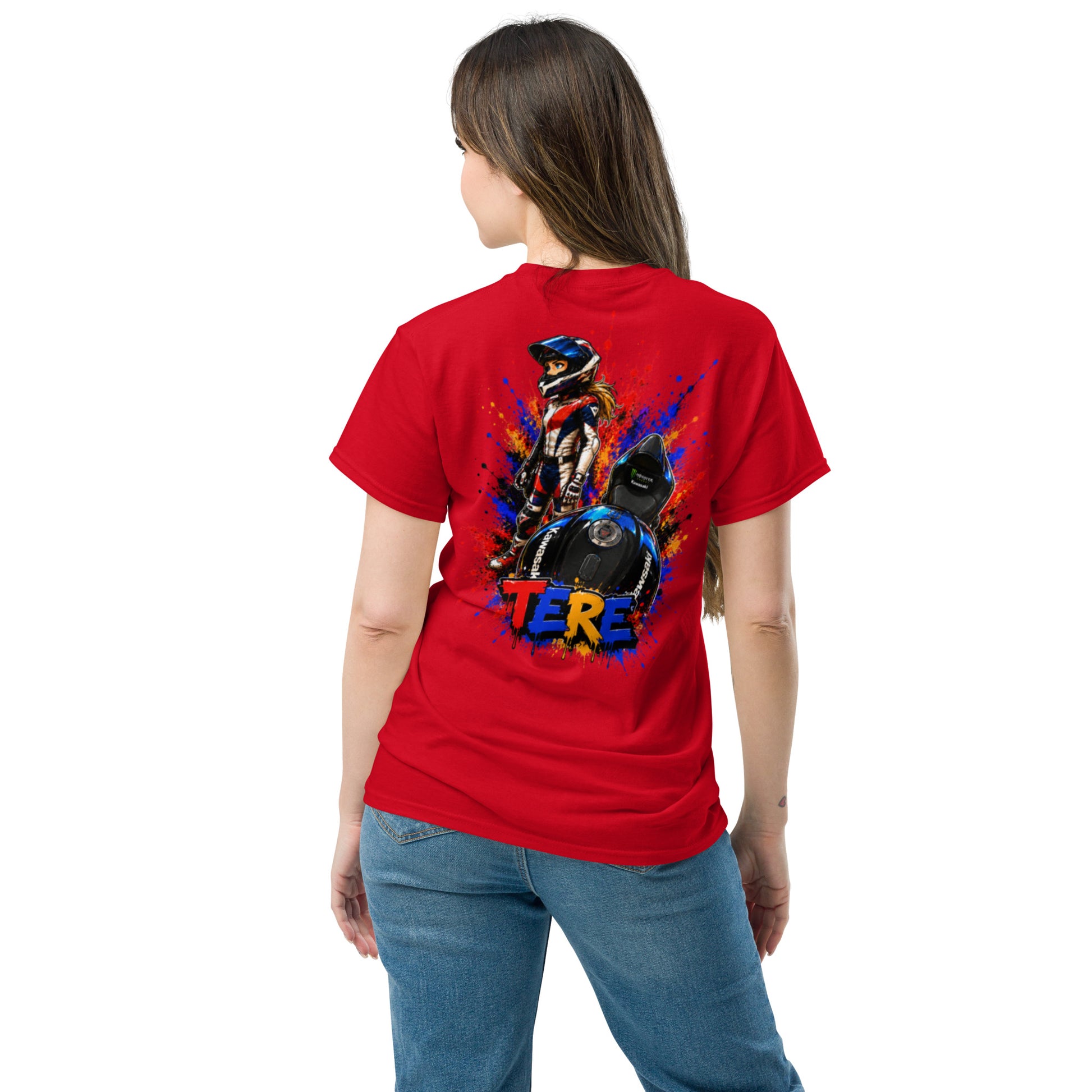 Camiseta roja mujer trasera con diseño cartoon motociclista personalizado - Moda Cartoon Lab