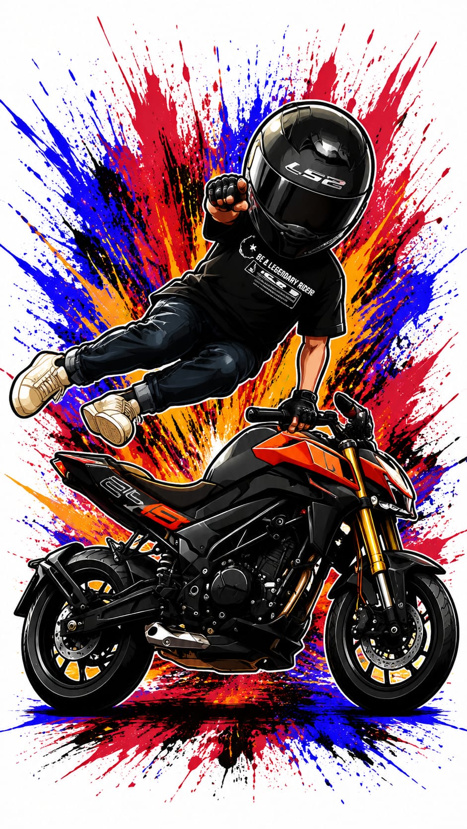 Diseño cartoon chibi motociclista con moto naked naranja y casco LS2 personalizado - Moda Cartoon Lab