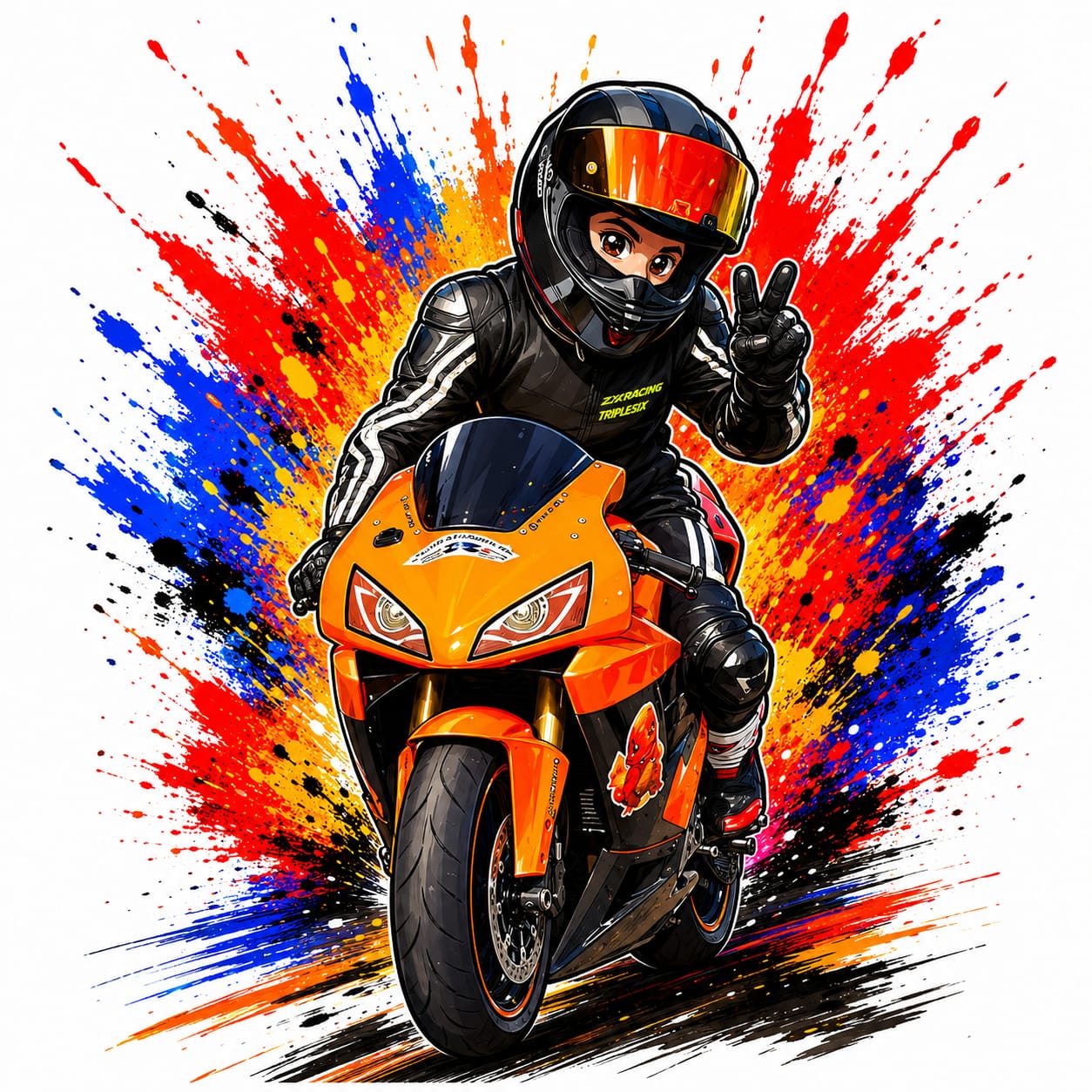 Diseño cartoon chica anime motociclista con moto deportiva naranja personalizado - Moda Cartoon Lab