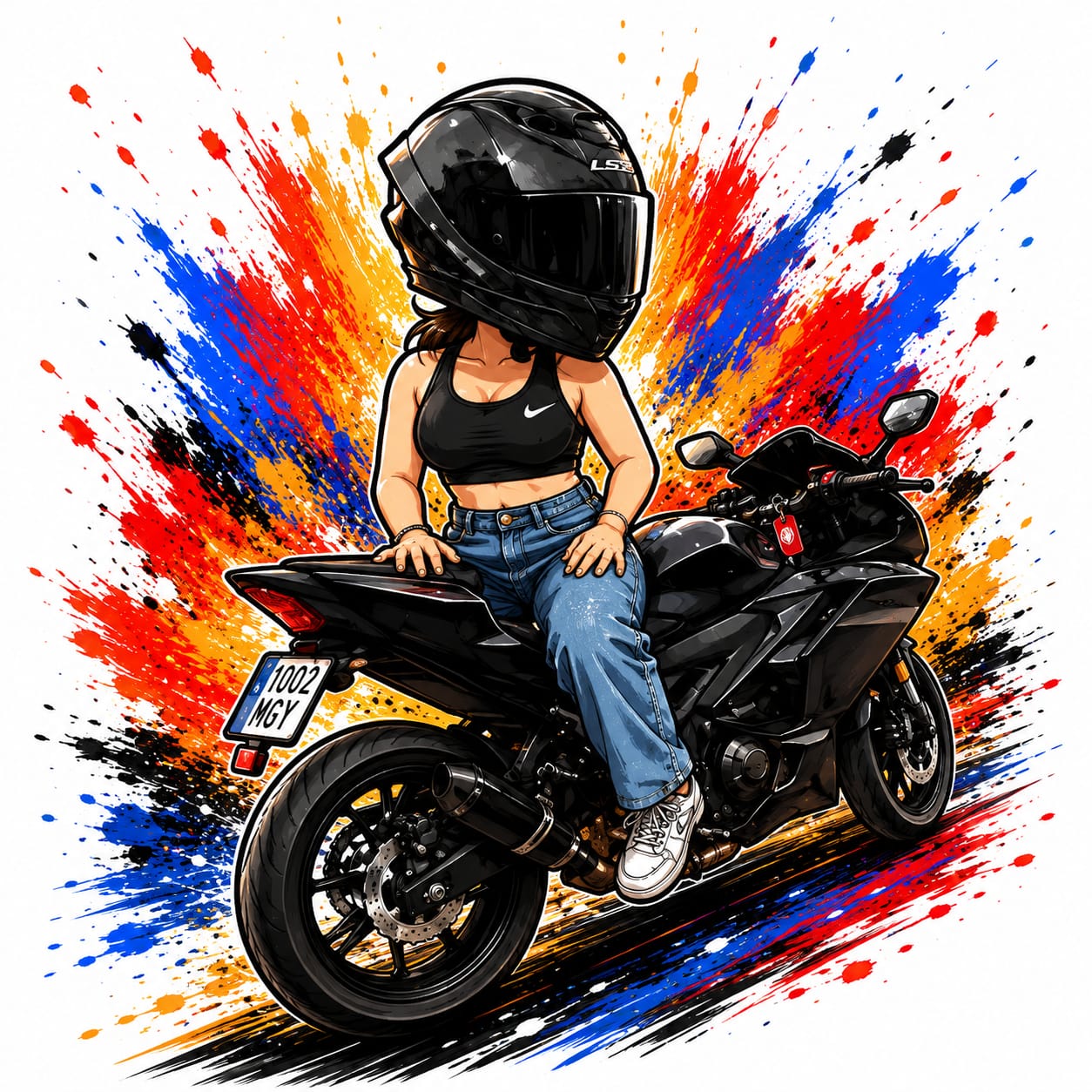 Diseño cartoon chica sentada moto deportiva negra con casco LS2 personalizado - Moda Cartoon Lab