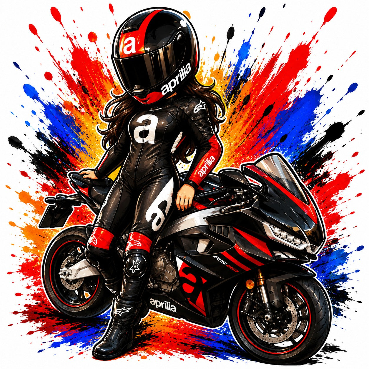 Diseño cartoon chica motociclista Aprilia personalizado - Moda Cartoon Lab