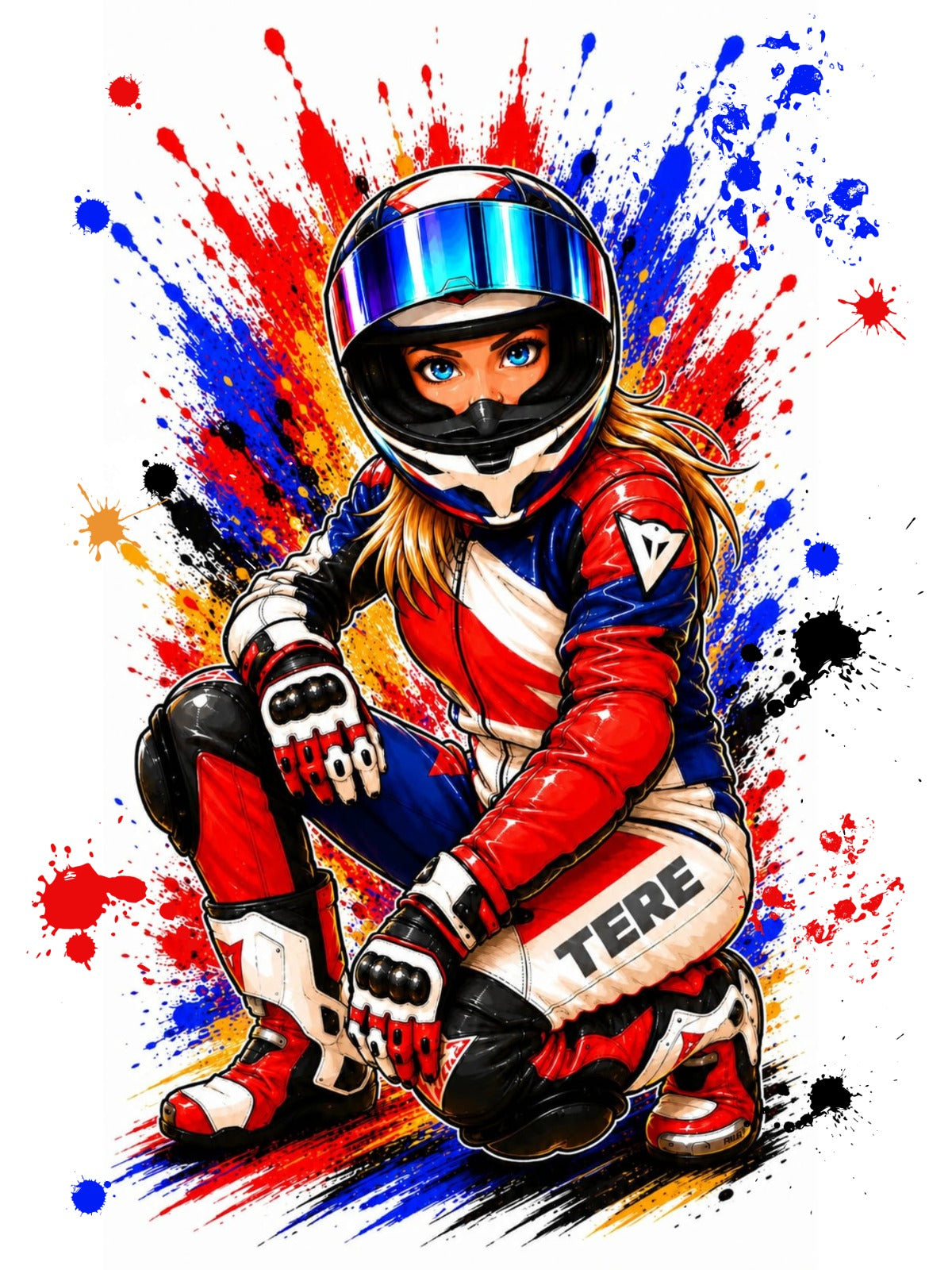 Diseño cartoon chica motociclista con casco y traje Dainese personalizado - Moda Cartoon Lab