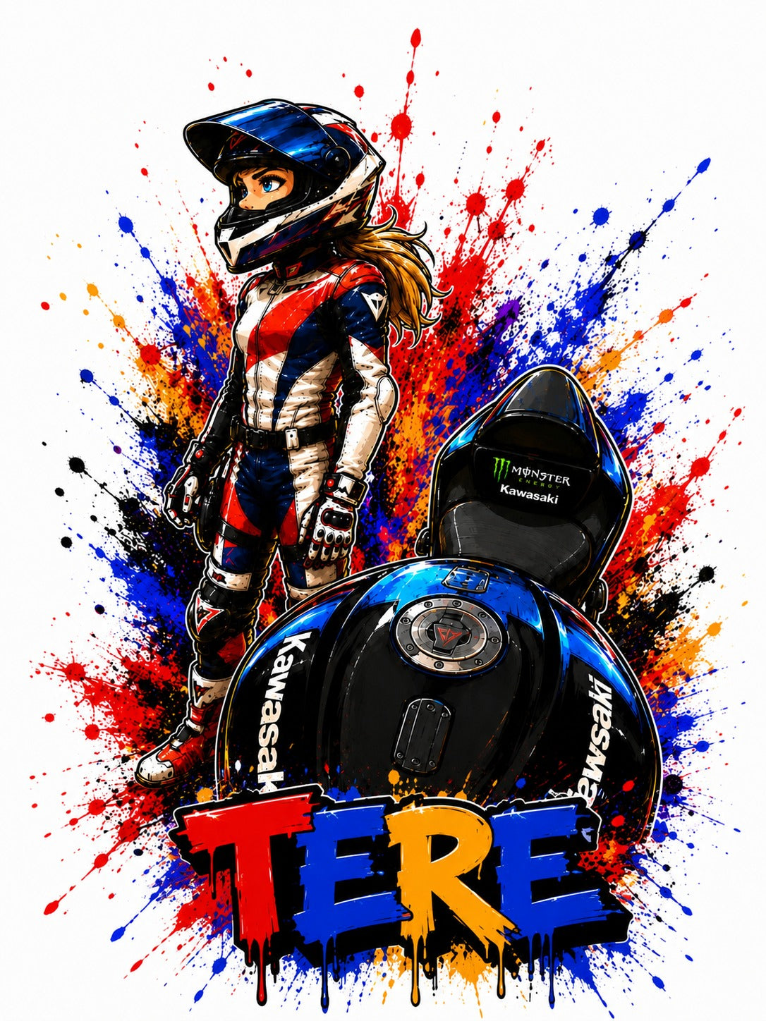 Diseño cartoon chica motociclista Kawasaki con nombre personalizado - Moda Cartoon Lab