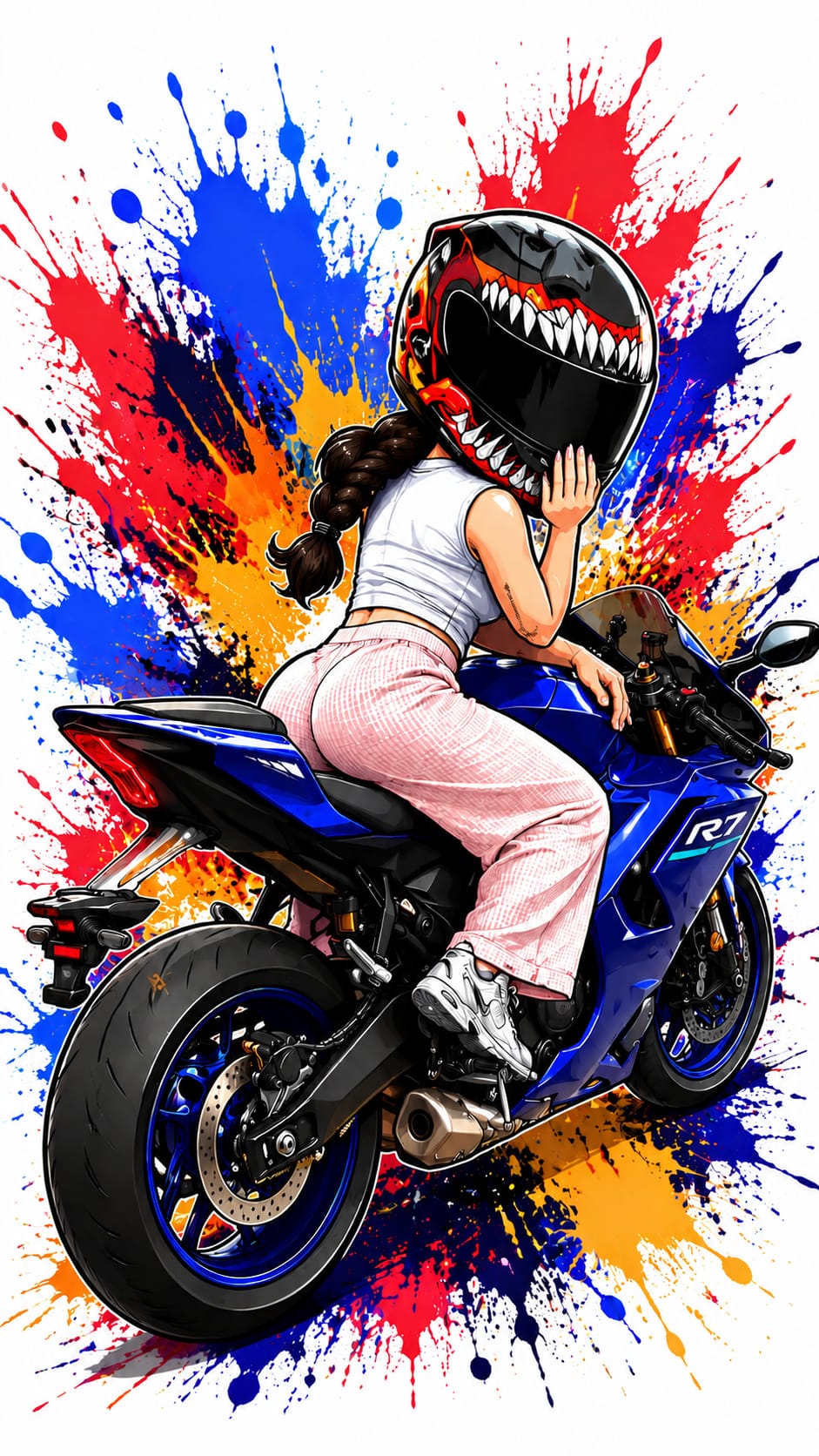 Diseño cartoon chica con Yamaha R7 azul y casco tiburon personalizado - Moda Cartoon Lab