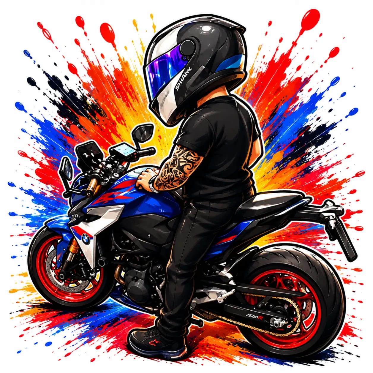 Diseño cartoon chico motociclista con BMW S1000R y casco Shark personalizado - Moda Cartoon Lab
