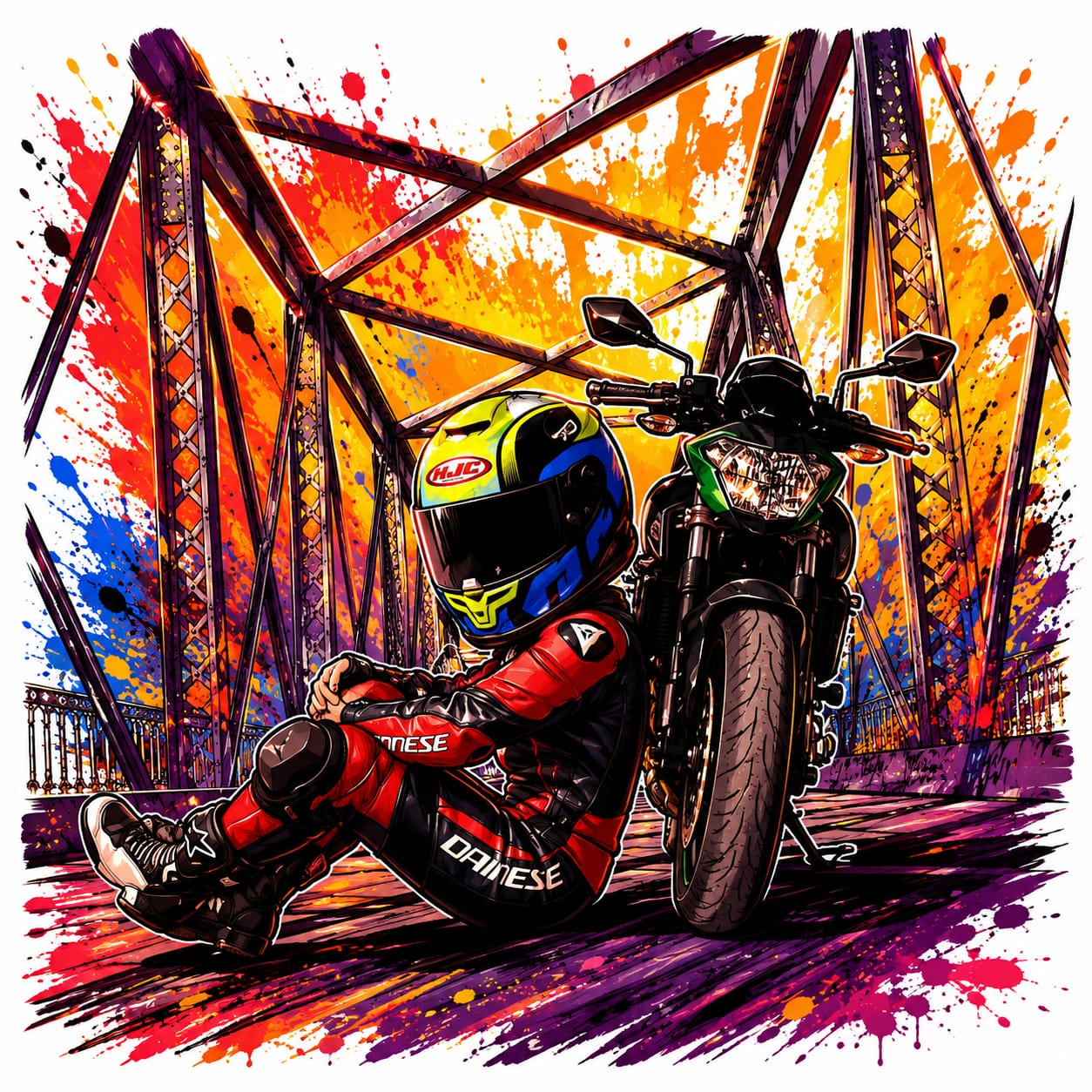 Diseño cartoon motociclista casco HJC traje Dainese en puente personalizado - Moda Cartoon Lab