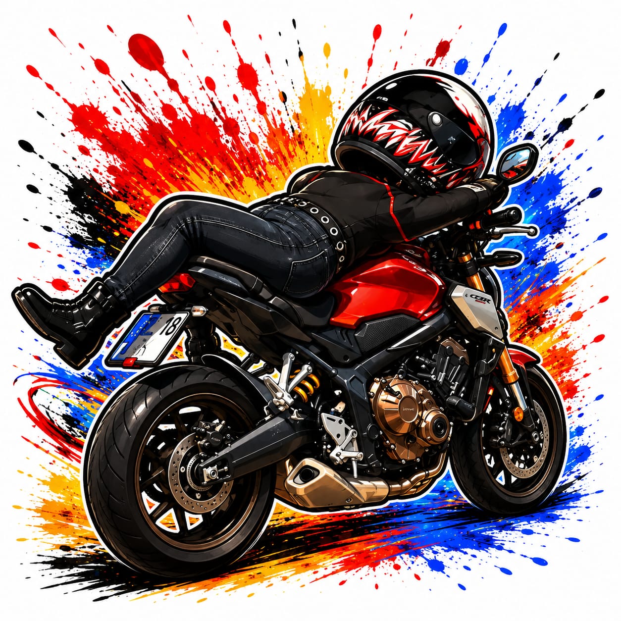 Diseño cartoon motociclista con casco Venom recostado sobre moto naked roja - Moda Cartoon Lab