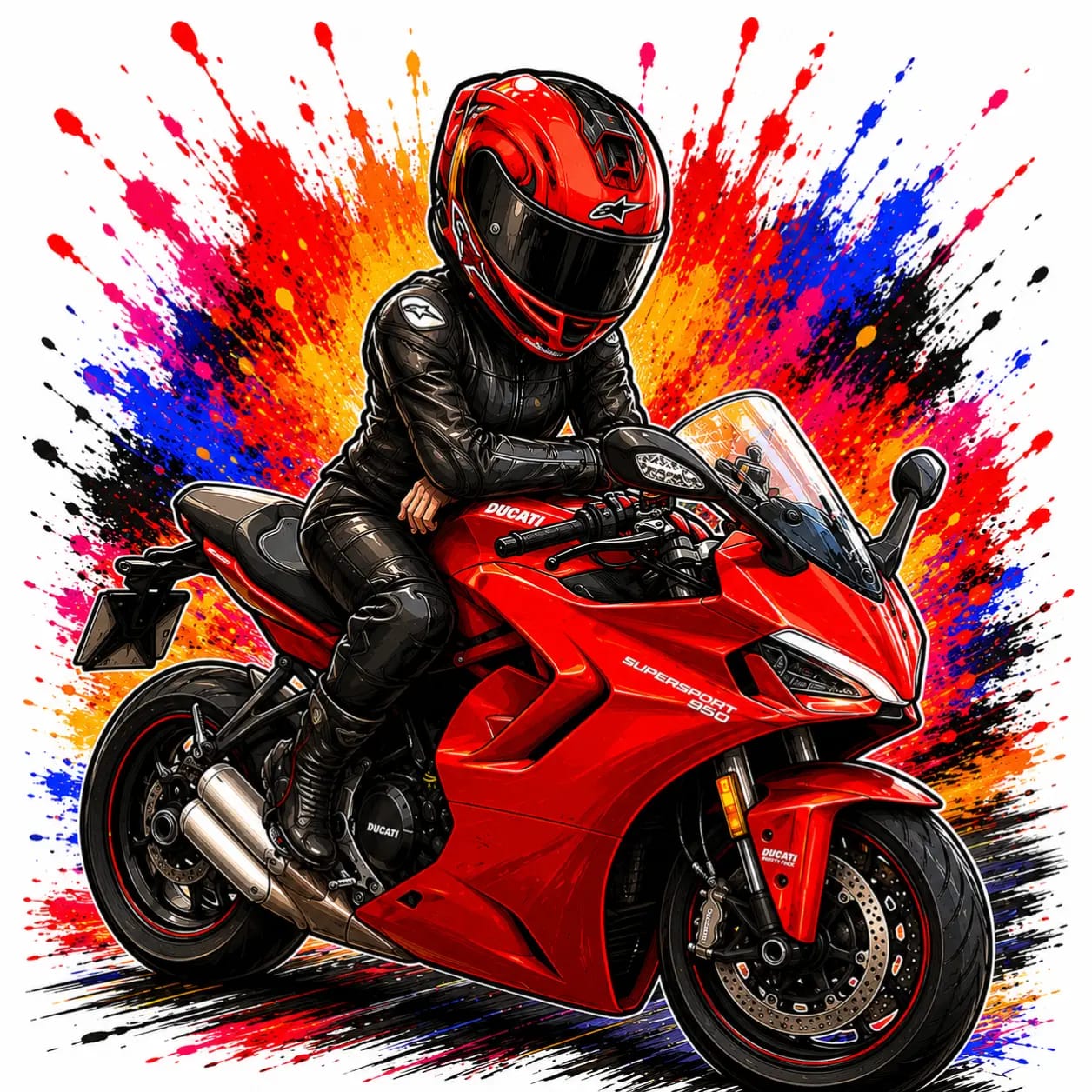 Diseño cartoon motociclista con Ducati Supersport roja y casco Alpinestars personalizado - Moda Cartoon Lab