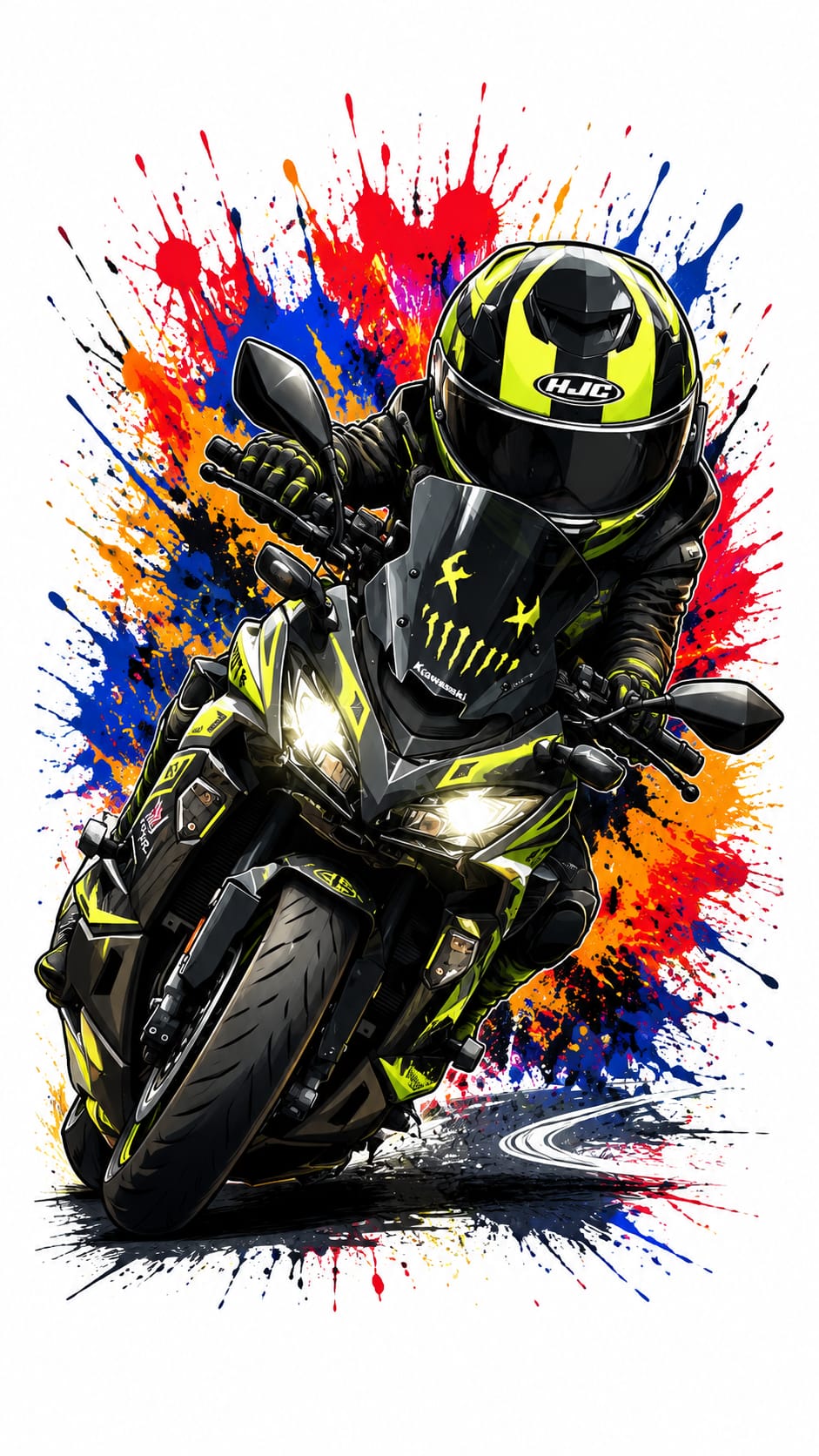 Diseño cartoon motociclista con Kawasaki Z900 negra y casco HJC amarillo en curva personalizado - Moda Cartoon Lab