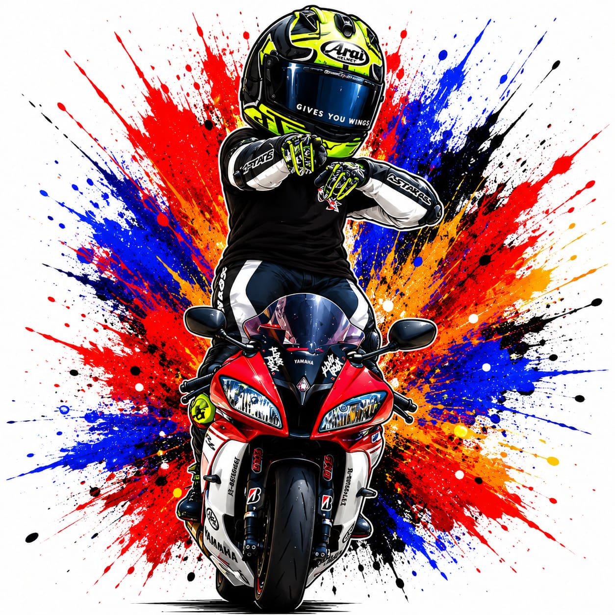 Diseño cartoon motociclista con Yamaha R1 roja casco Arai y traje Alpinestars personalizado - Moda Cartoon Lab